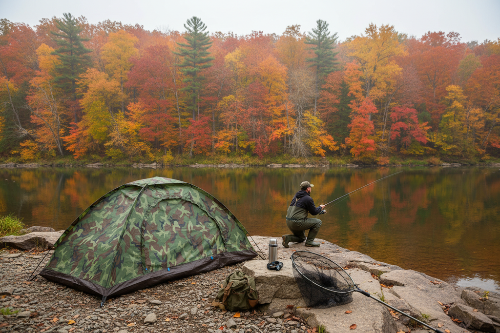 Tente camo pêcheur rivière automnale