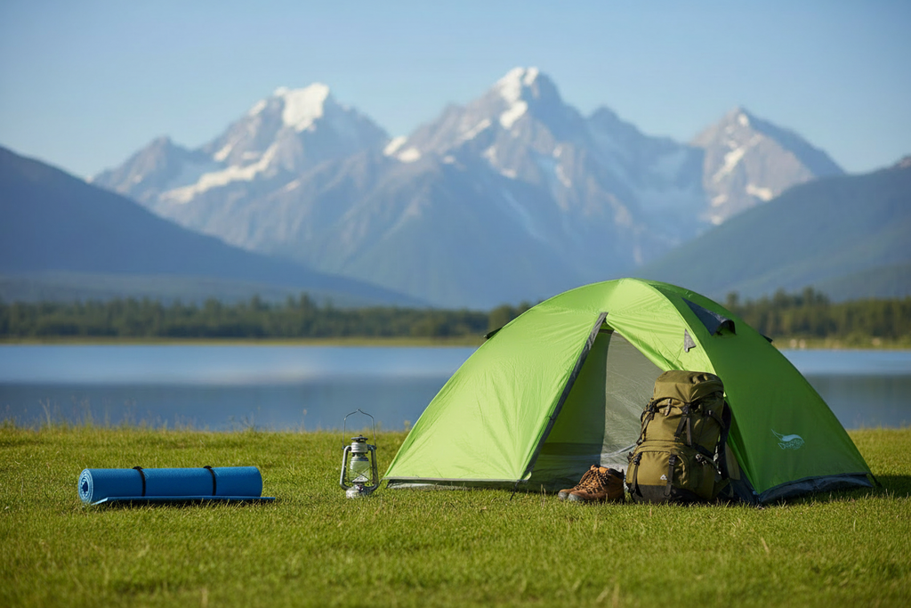 Tente verte avec équipement camping autour