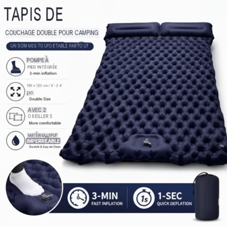 Matelas de camping autogonflant avec pompe à pied intégré en nylon TPU imperméable avec oreiller