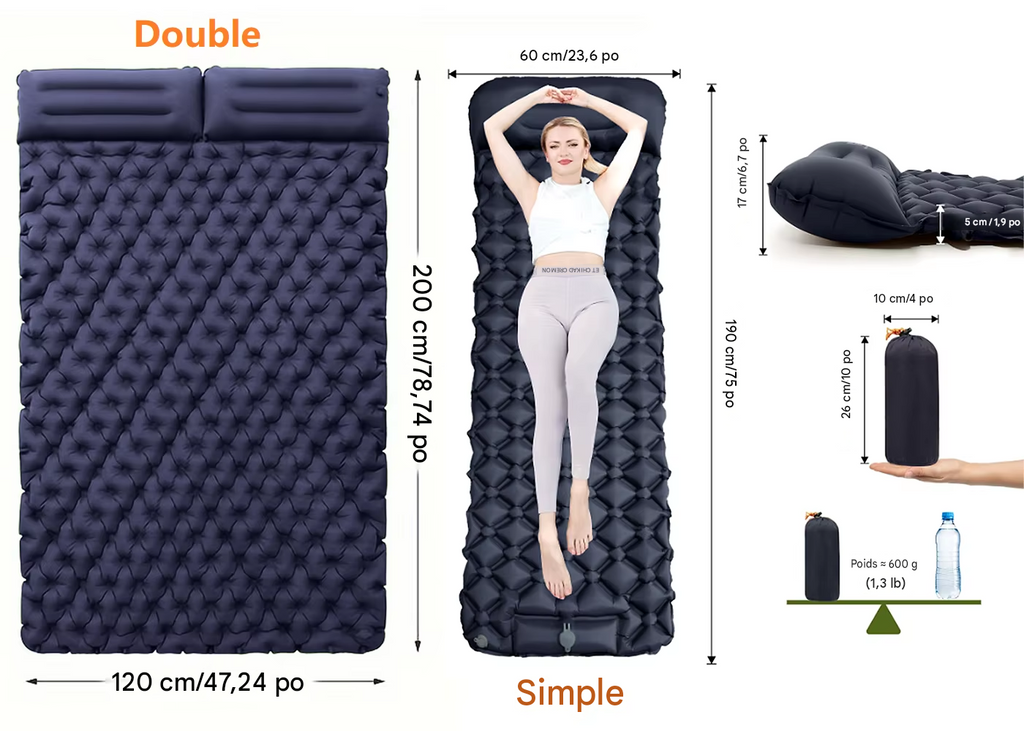 Matelas de camping autogonflant avec pompe à pied intégré en nylon TPU imperméable avec oreiller