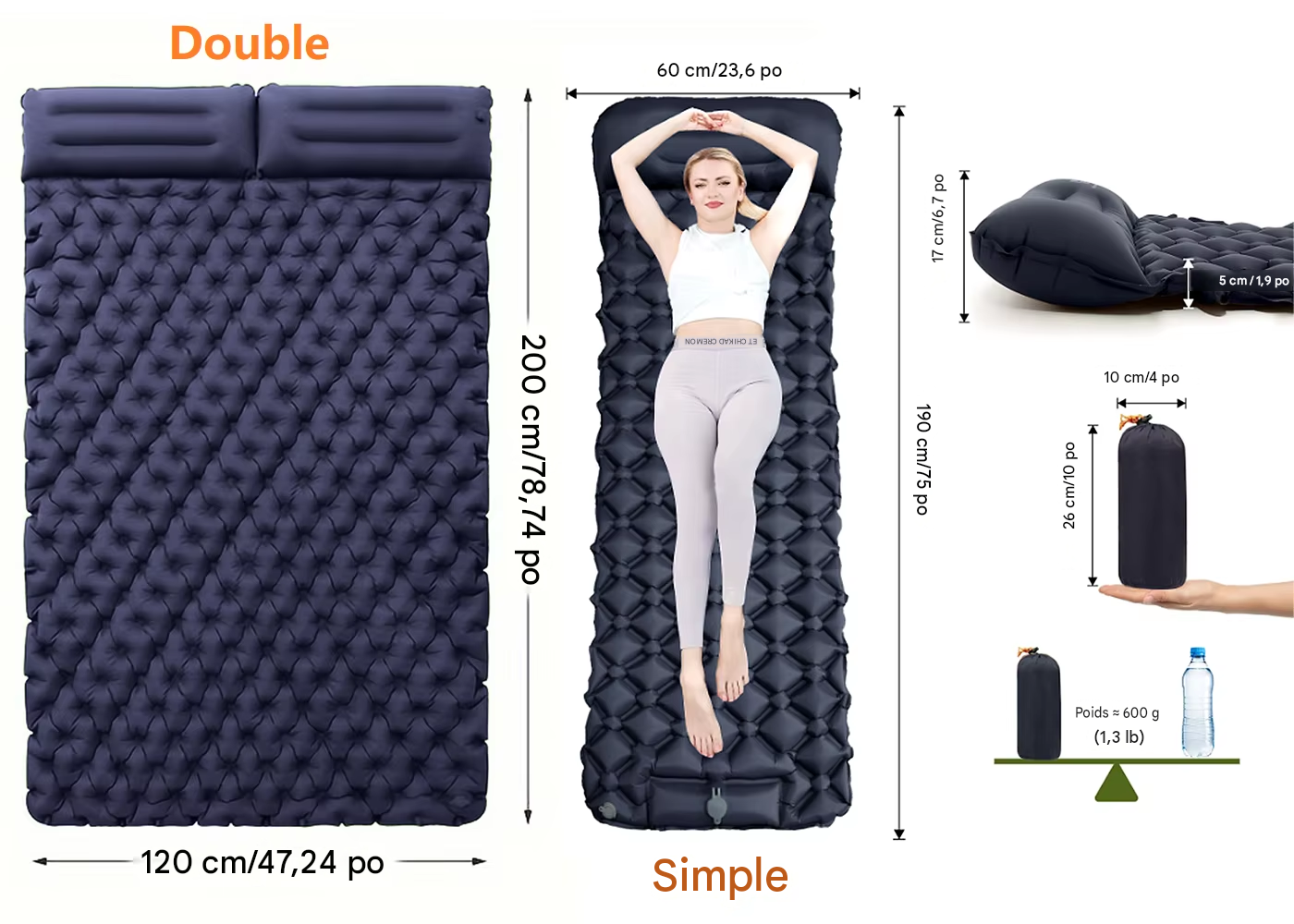 Matelas de camping autogonflant avec pompe à pied intégré en nylon TPU imperméable avec oreiller