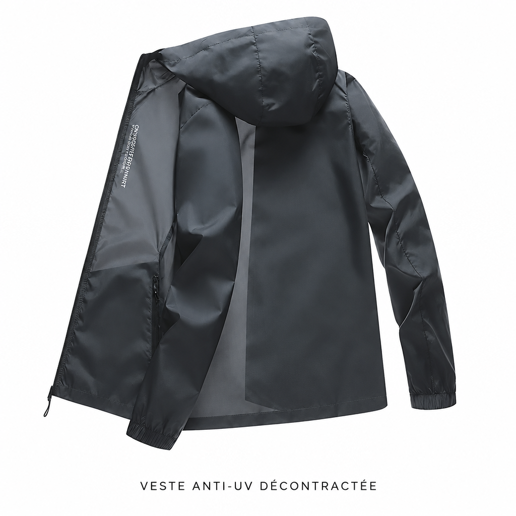 Veste anti-UV grise ouverte, légende en français
