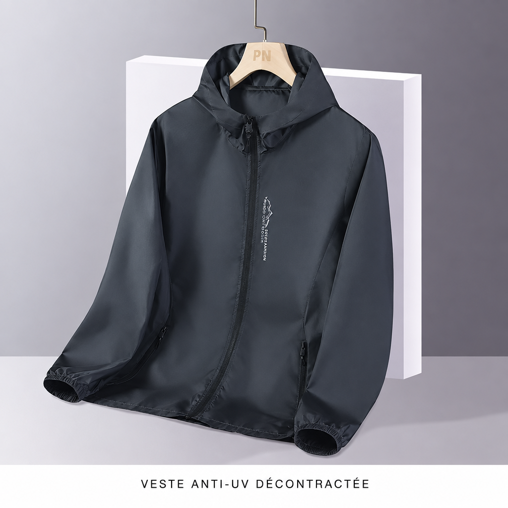 Veste anti-UV grise sur cintre, légende en français